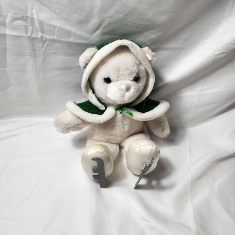 Vintage 1988 Applause White Polar Bear Plush Ice Skates Green‎ Hooded Cape 21350